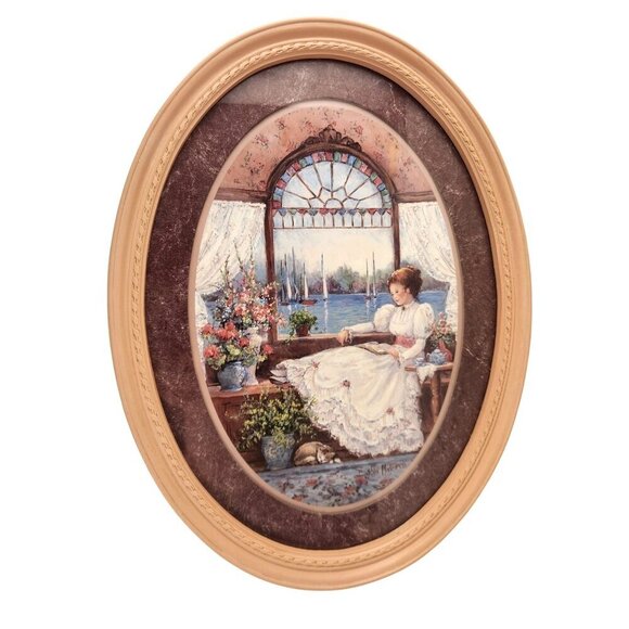 Lady in the Window by Georgia artist Barbara Mock 1981 Vintage Victorian Oval Wa - Picture 6 of 13